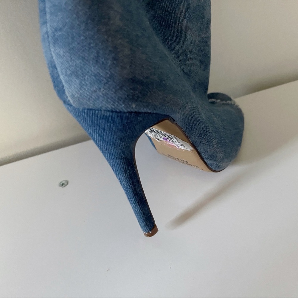 Blue Denim Knee High Peep Toe Boots Party Club Streetwear Festival - Picture 14 of 14